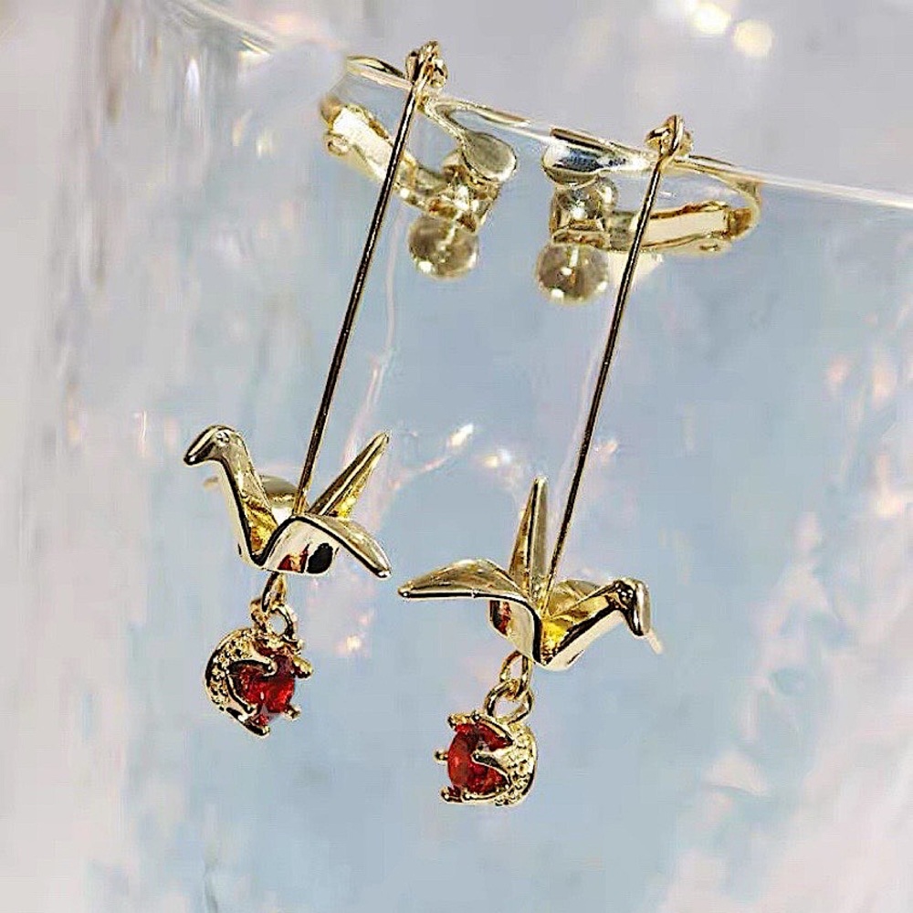 Stud Earings Paper Crane With Ruby - image 2